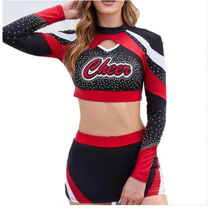 Cheerleading Uniform Set Long Sleeve <b>Crop</b> <b>Top</b> <b>With</b> <b>Rhinestone</b> Logo Black Red White Adult Teamwear - Product Image 3