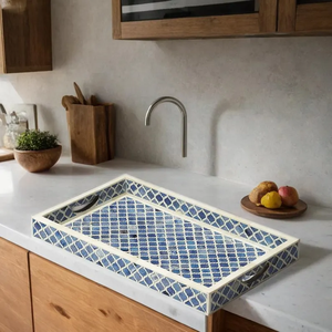 Plateau décoratif en os bleu incrusté – Plateau de service artisanal pour table basse, cuisine et décoration bohème par PERFECT ENTERPRISES - Product Image 5
