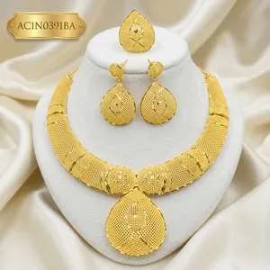 Nigerian Designer Gold Plated Bridal Jewelry Set with Teardrop Pendant Box Chain <b>Charm</b> Necklace Set - Product Image 1