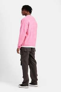 Men's Pink Acrylic <b>Cardigan</b> V-Neck <b>Button</b> Front Regular Sleeve Solid Color Autumn Wear Anti-Pilling - Product Image 3