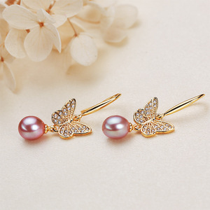 Wholesale New Butterfly Style Freshwater <b>Pearl</b> <b>Earrings</b> for Women Zircon Plated Gold Dangle Fashion Jewelry - Product Image 1