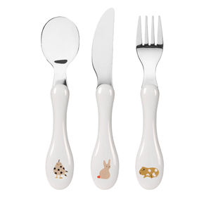 Ensemble de couverts pour enfants avec cuillère, fourchette et couteau en acier inoxydable poli miroir avec manches en plastique blanc et motifs d'animaux mignons - Product Image 1