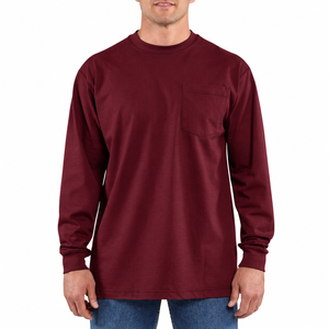 Camiseta de Manga Larga con Bolsillo Color Granate para Hombre, Cuello Redondo, Ropa de Trabajo Informal - Product Image 1