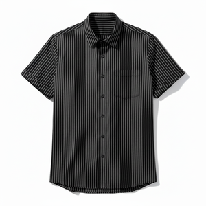 Camisa Casual Premium para Hombre, Negra, de Verano, Elegante, con Rayas Blancas Bordadas, Transpirable, de Manga Corta, Mezcla de Algodón y Jersey - Product Image 1