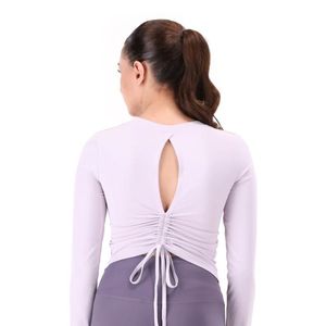 เสื้อครอปแขนยาวสีลาเวนเดอร์สำหรับผู้หญิง ดีไซน์เว้าหลัง แต่งระบายผูกโบว์ ทรงเข้ารูป สไตล์ลำลอง - Product Image 6