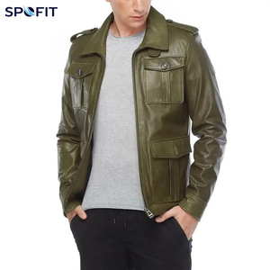 SPOFIT Men's Olive Green Leather Jacket Zipper Closure Turn-down Collar Workwear Style Regular Fit - Product Image 6