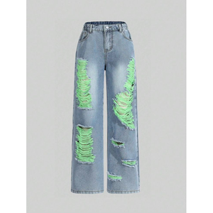 Jean en denim écologique taille basse coupe droite skinny avec patchwork étoilé, coupe décontractée, longueur intégrale, pantalon pour femme, style hiver - Product Image 3