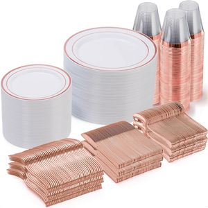 Set di Piatti in Plastica Usa e Getta Oro Rosa, 600 Pezzi per 100 Ospiti, con 100 Piatti Piani per Feste e Matrimoni - Product Image 1