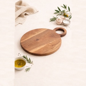 Planche à découper ronde en bois d'acacia de qualité supérieure avec poignée intégrée, réversible, à grain naturel, pour couper et servir - Product Image 1
