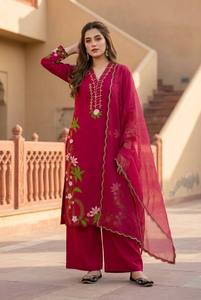 <b>Womens</b> Designer Roman Silk 3-Piece Suit Set Heavy Embroidered Thread Work <b>Top</b> Floor-Length Palazzo Faux Georgette Dupatta - Product Image 2