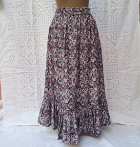 Scrollwork Lattice Block Print Cotton Women's Full Length Gathered <b>Skirt</b> Smocked Waist Ruffle Hem Purple Green <b>Boho</b> Handcrafted - Product Image 2