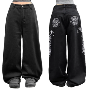 High Waist <b>Wide</b> <b>Leg</b> Black Denim Pants With White Rose Embroidery Floral Pattern Loose Fit Casual Style Autumn Wear <b>Jeans</b> - Product Image 1