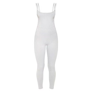 Combinaison tricotée rayée taille haute pour femme, sans manches, à fines bretelles, col carré, coupe longue et ajustée, effet ventre plat - Product Image 2