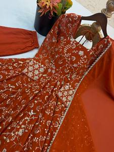 Women's Fancy Design Anarkali Elegant Embroidered Sequence Three Piece Gown-Pant Dupatta Set Party Reversible Quick Dry Wrinkle - Product Image 6