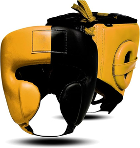Casque de boxe en cuir PU jaune et noir, protection sportive, taille adulte, unisexe, couleur unie, fermeture à boucle - Product Image 1