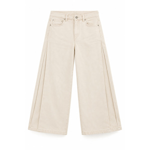 Culottes en jean à taille mi-haute et jambes larges pour femmes avec plis latéraux - Ecru - Product Image 1