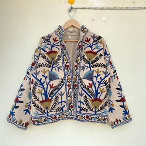 Veste kimono en velours de coton 100% faite à la main |   Hiver Automne Respirant Écologique Anti-Plis Matelassé Col Rond Bohème Avant - Product Image 1