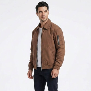 Men's Brown Canvas Bomber Jacket Windproof Workwear Style Turn-down Collar Zipper Closure Regular Fit Autumn Wear - Product Image 2