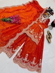 <b>Women</b> Orange Silk Embroidered Anarkali <b>Suit</b> Set With Dupatta Traditional Indian Pakistani <b>Wedding</b> <b>Dress</b> - Product Image 6