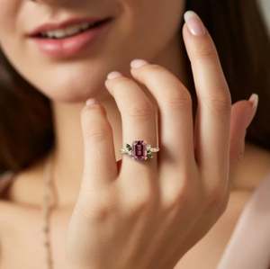 Bague de Fiançailles et de Promesse Unique en Argent Sterling Plaqué Or 14K avec Moissanite Rose Taille Émeraude et Sertissage à Griffes - Product Image 2