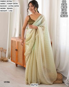 Sari de satén Fendy azul claro Rutvi con bordados, blusa de satén ultra, para bodas, indio, pakistaní, para mujer, corte regular, sin arrugas - Product Image 4