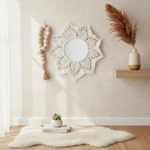 Espejo de Pared de Macramé Bohemio Blanco, Espejo de Vidrio Hecho a Mano con Cuerda de Algodón, Decoración para Sala de Estar, Diseño Geométrico Redondo - Product Image 4