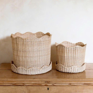 Elegance Style Wicker Rattan Scalloped <b>Planter</b> and Base Plate for Table Decor Flower Pot Basket Handcrafted Indoor Pots - Product Image 6