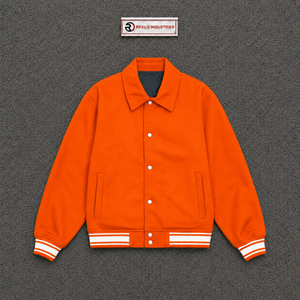 Chaqueta universitaria de lana naranja para hombre y mujer, al por mayor, de primera calidad, estilo Letterman, con cierre frontal de botones a presión. - Product Image 5