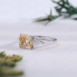 White Gold Lab Grown <b>Cushion</b> Cut Diamond <b>Ring</b> with Trillion Side Stones Luxury Classic Engagement <b>Ring</b> - Product Image 2