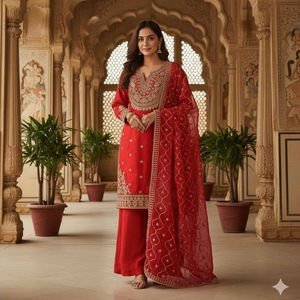 ชุดเสื้อปักลายผ้าไหมเฟนดี้สำเร็จรูปพร้อมกางเกงพลลาโซและผ้าคลุมไหล่ - ชุดสำหรับงานปาร์ตี้ ยืดหยุ่นได้และไม่ยับง่าย - Product Image 1