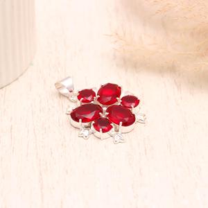 925 Sterling Silver Red Garnet Floral Pendant, Multi Stone Cluster Flower Design, Natural Garnet Gemstone <b>Necklace</b> Jewelry for W - Product Image 2