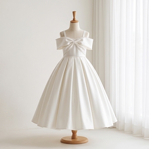 Robe de Soirée Élégante pour Filles, en Satin Ivoire Uni, avec Nœud Perlé, Épaules Dénudées, Style Princesse, Longueur Ras du Sol, TUTUPETTI, Fabriquée au Vietnam - Product Image 1