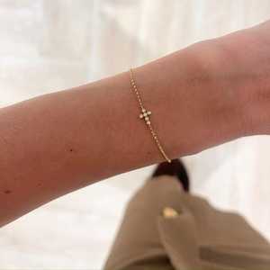 Minimalist Diamond Cross Dainty <b>Bracelets</b> 14K 18K Solid Gold Bezel Set Solitaire Everyday Luxury Small Cable Chain <b>Charm</b> Jewelry - Product Image 2