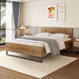 Struttura letto matrimoniale in legno ingegnerizzato, colori naturale e nero, prodotto durevole in legno - Product Image 1