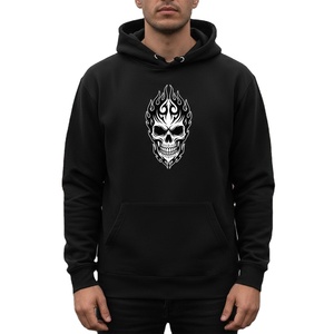 Custom Logo <b>Men</b>’s <b>Black</b> <b>Fleece</b> Hoodie Bulk Wholesale Streetwear Pullover Hip Hop Flame Skull Graphic Heavyweight Winter Hoodies - Product Image 1