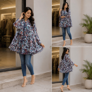 Túnica de Seda Premium con Estampado Paisley para Mujer, Cuello en V |   Detales plisados, mangas largas, tela ligera ecológica, natural - Product Image 2