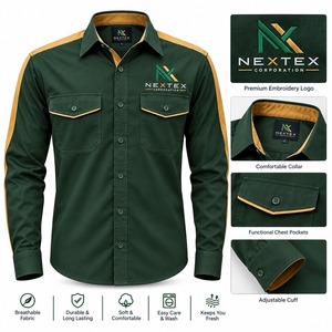 Camisa de trabajo de algodón de alta visibilidad para hombre, manga larga, con botones, en marrón y verde, transpirable. - Product Image 6