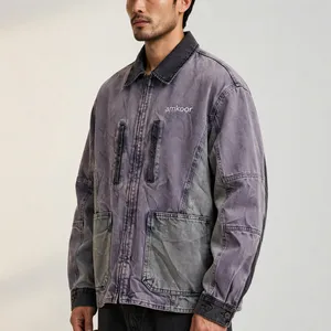 เสื้อแจ็คเก็ตยีนส์ผู้ชายสีสันตามสั่ง แนวเวิร์คแวร์ ปกคอพับ ซิปปิด ผ้าฝ้ายฟอก โลโก้ด้านหน้า เหมาะสำหรับใส่ในฤดูใบไม้ร่วง - Product Image 3
