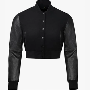 Veste universitaire noire pour femme, manches longues, col montant, couleur unie, coupe courte, pour l'automne - Product Image 1