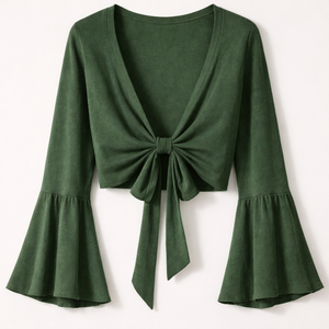 Blusa OEM ODM Linda, Transpirable y Sencilla con Lazo Delantero y Mangas Campana para Mujer, Tejida de Alta Calidad - Product Image 1