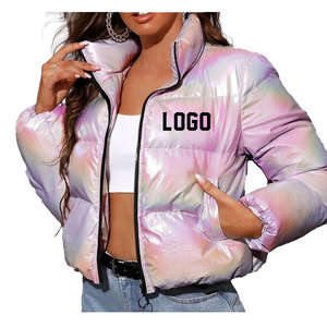 Women's <b>Cropped</b> Quilted <b>Puffer</b> <b>Jacket</b> Green PU Coated Zipper Closure Stand Collar Full Sleeve Winter Outerwear - Product Image 6