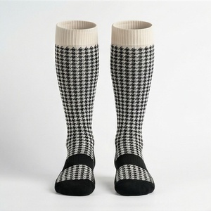 <b>Knee</b> <b>High</b> <b>Socks</b> Plaid Pattern Black <b>White</b> Knitted Breathable Casual Adult Regular Style - Product Image 1