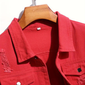 Gilet en jean rouge pour homme, col rabattu, sans manches, décontracté, déchiré, effiloché, en coton délavé, coupe droite, simple boutonnage, printemps - Product Image 5