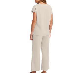 Women's Beige V-Neck Short Sleeve Loose Fit Tracksuit Full Length <b>Pants</b> Side Pockets Drawstring Waist Casual Summer Wear - Product Image 2