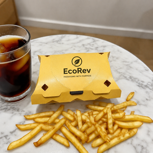 Boîte à frites jetable biodégradable en forme d'oreiller, écologique, personnalisée avec revêtement UV, pour frites coupées en spirale - Product Image 1