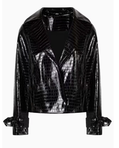 Black PU Crocodile Embossed Bomber Jacket With Zipper Closure Turn-down Collar Regular Sleeve Short Length Windproof Autumn Wear - Product Image 5