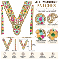 Patchs brodés en fil d'or pour le cou avec appliques florales à paillettes multicolores pour Kurti, Saree, robe et vêtements ethniques