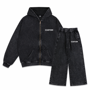 Ensemble de survêtement personnalisé 100 % coton épais, sweat à capuche zippé et pantalon large, unisexe, streetwear, fabricant OEM - Product Image 1