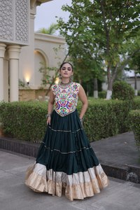Green Color Traditional Embroidered Cotton Blouse With Tiered Skirt For Women India Pakistan Style Wedding Wear - Product Image 6