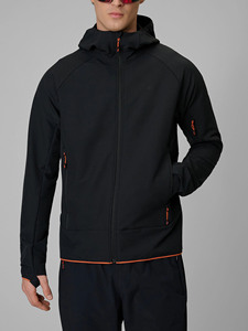 Veste coupe-vent à capuche noire pour homme, fermeture éclair, sportive, automne, extérieur, polyester, coupe régulière, couleur unie avec accents orange - Product Image 3